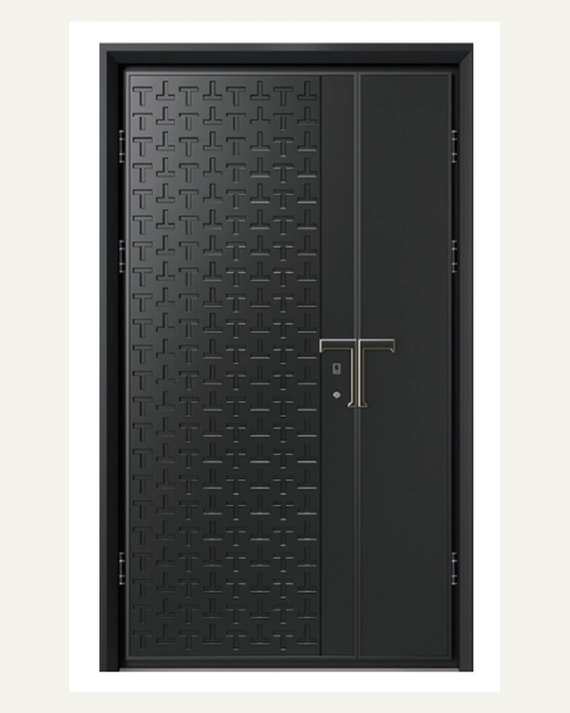 Black cast aluminum double door with a precision geometric carved pattern