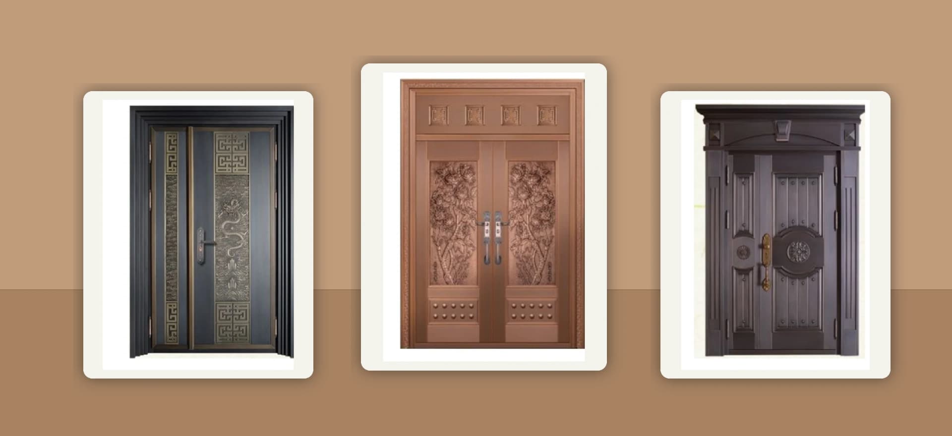 Three copper-toned decorative entrance door designs from the Haotian catalog