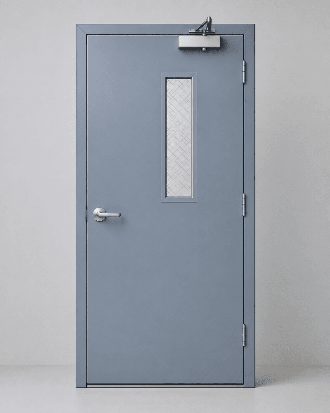 Blue-gray steel fire door with wired-glass panel