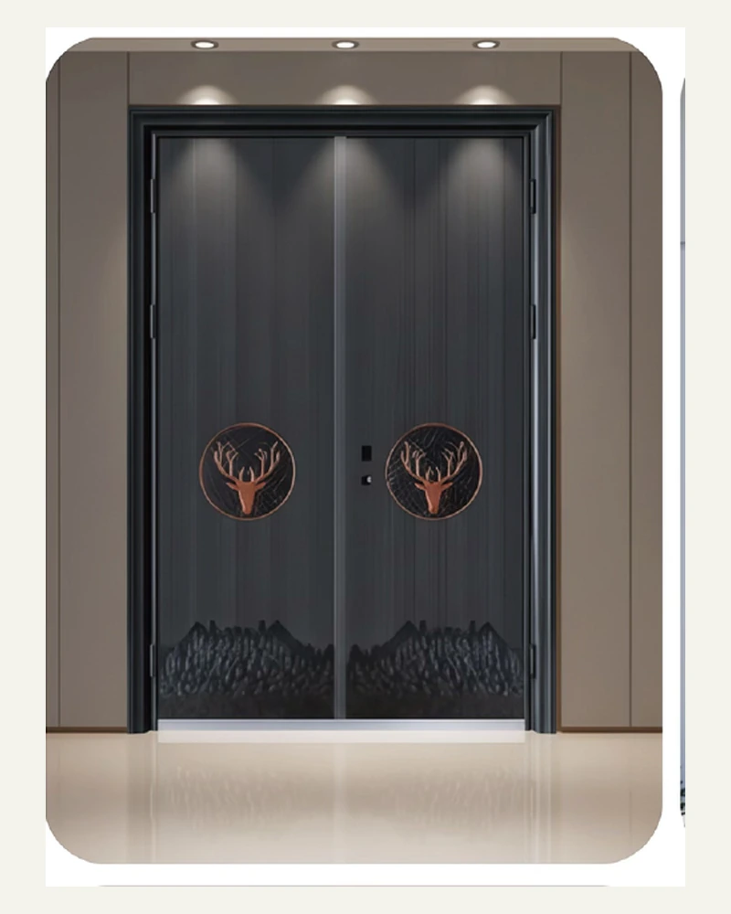 Black double security entrance door with subtle relief pattern and warm circular details