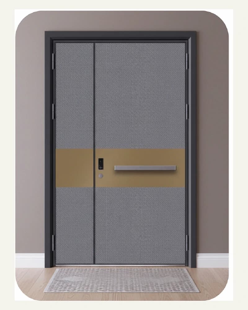 Graphite Turkish-style entrance door with a broad brass band and pull handle