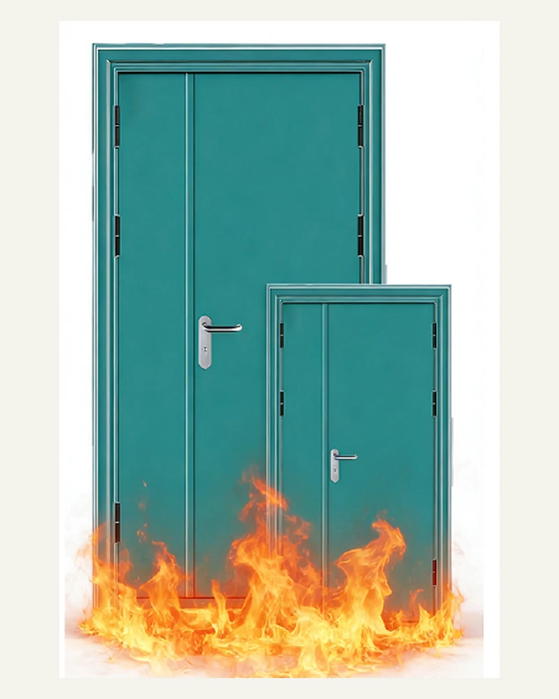 Green steel fire doors shown in single and paired sizes