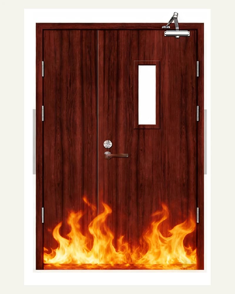 Dark timber paired wood fire doors with a small vision panel and door closer